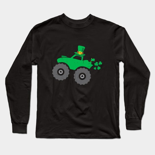 Kids Leprechaun Monster Truck Shamrock St Patrick Day Gift Long Sleeve T-Shirt by dounjdesigner